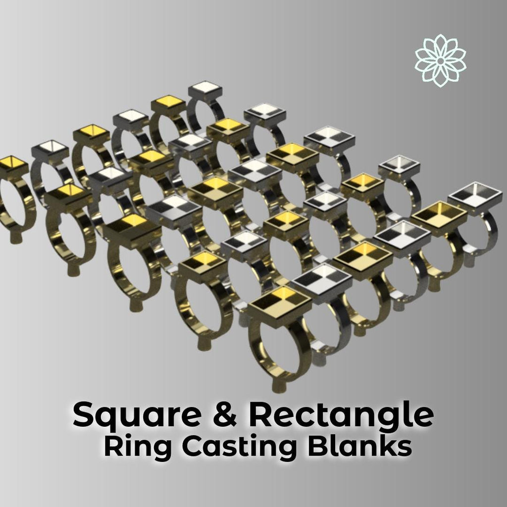 3D render of geometric ring blanks featuring square and rectangular bezel cups in silver and gold. Designed for clean burnout casting using PolyCast filament. Digital project file for jewelers using Bambu Studio.
