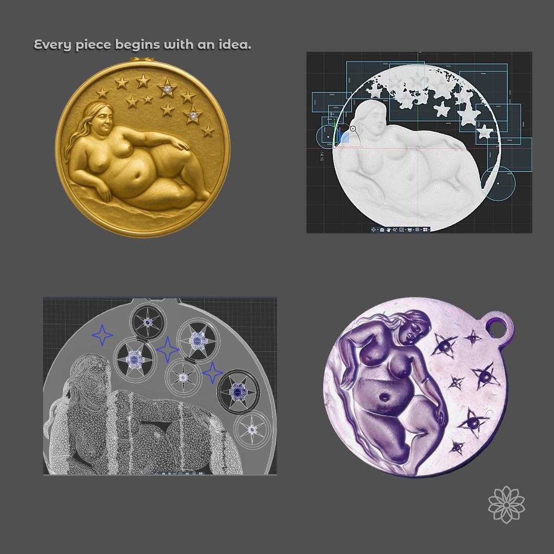 Four-panel collage showing a custom medallion evolving from digital sculpt to 3D mesh to final rendered model. Demonstrates precision CAD, artistic modeling, and gemstone placement for bespoke pendants. Showcases the transformation from concept sketch to detailed jewelry design.