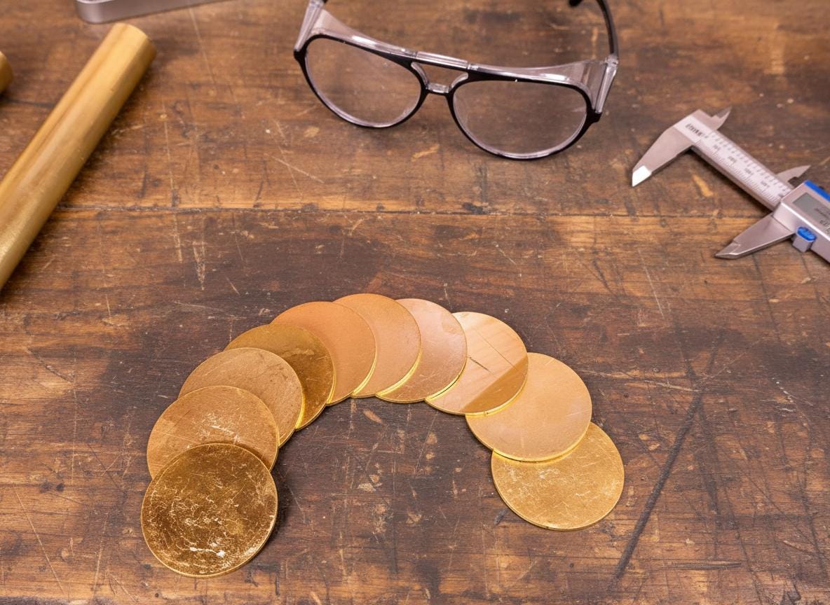 “A set of brass disks arranged in an arc on a workbench surrounded by safety glasses, calipers, and brass stock. The disks vary slightly in surface tone from raw to lightly polished, showing typical machining marks. This image illustrates the blanks used for CNC milling, engraving, or jewelry fabrication.”