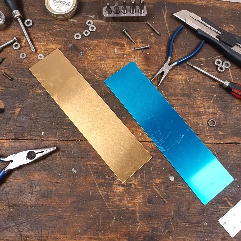 Two 2x8 inch brass engraving blanks shown side by side on a wood workbench. The left sheet is uncovered, revealing its golden raw brass finish with a slight reflective sheen. The right sheet still has its protective blue film intact, displaying surface texture and light scuffing. Both sheets are 18 gauge, 1mm thick, with square corners and flat-cut edges. Ideal for CNC engraving, custom plaques, jewelry tags, nameplates, and personalized logo work.
