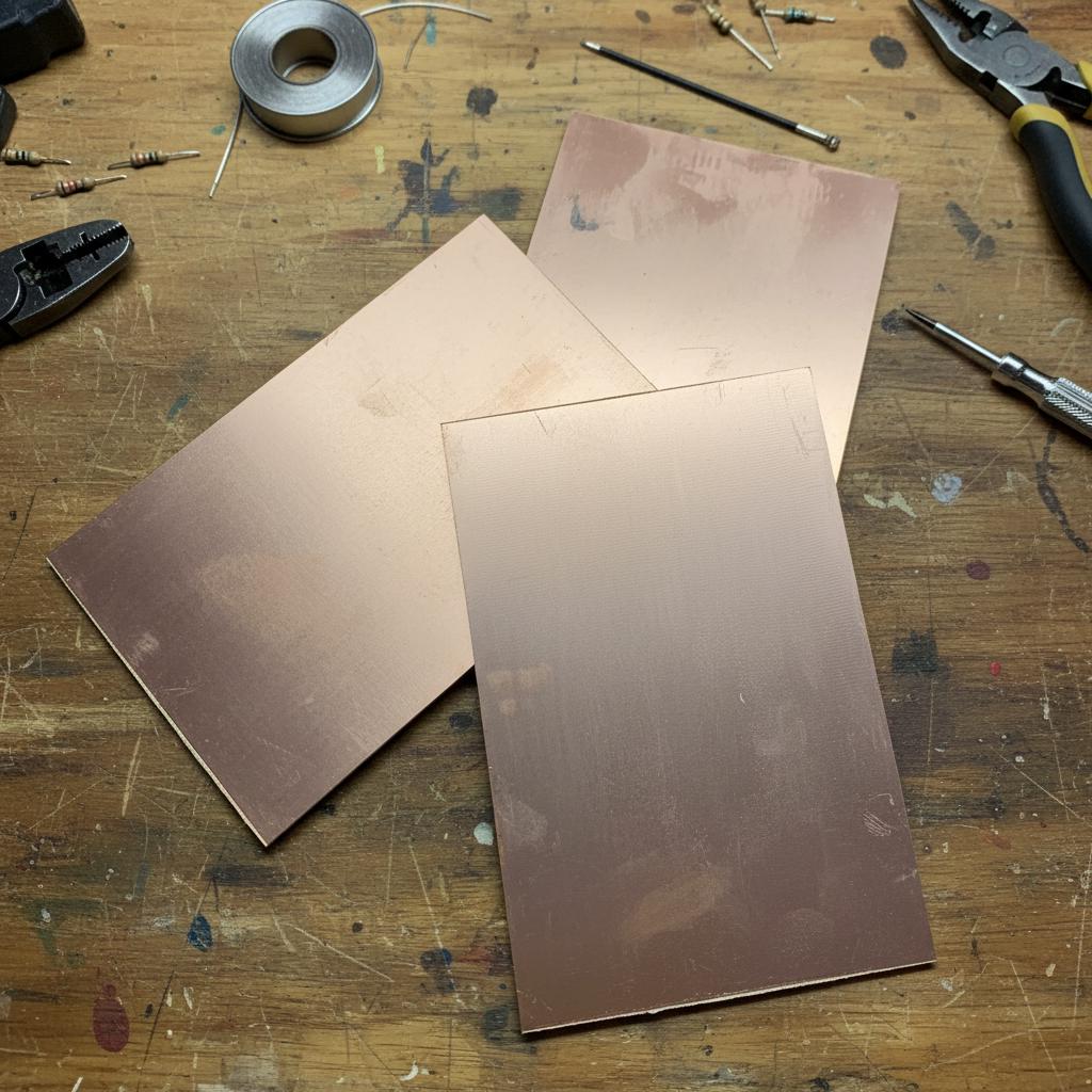“Three double-sided copper-clad PCB boards arranged on a workbench surrounded by electronics tools, resistors, cutters, and solder. Each board has copper laminate on both faces, designed for CNC milling, DIY circuit etching, dual-layer prototypes, and custom electronics projects.”