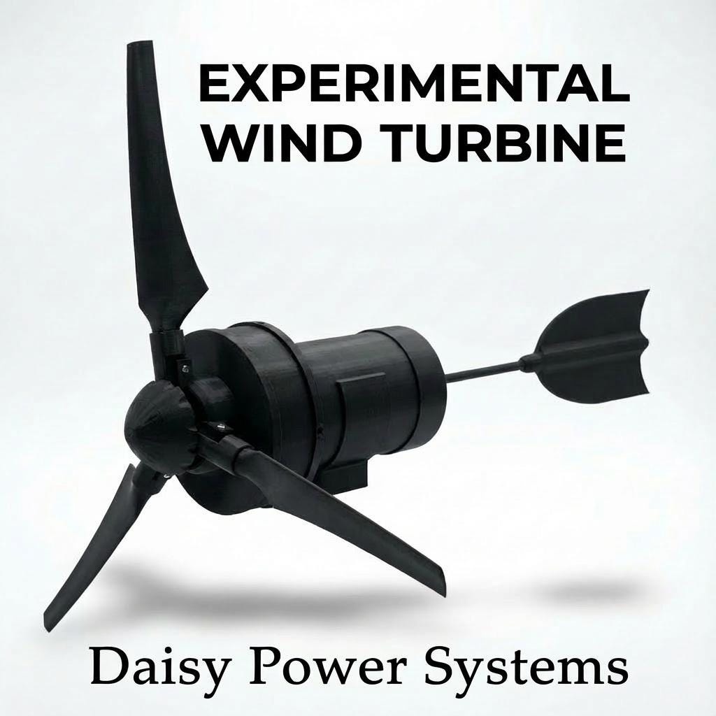 Black experimental micro wind turbine from Daisy Power Systems with three aerodynamic blades, a compact generator housing, and a rear tail fin. Optimized for low-wind outdoor testing, energy-harvesting prototypes, and small off-grid power experiments.