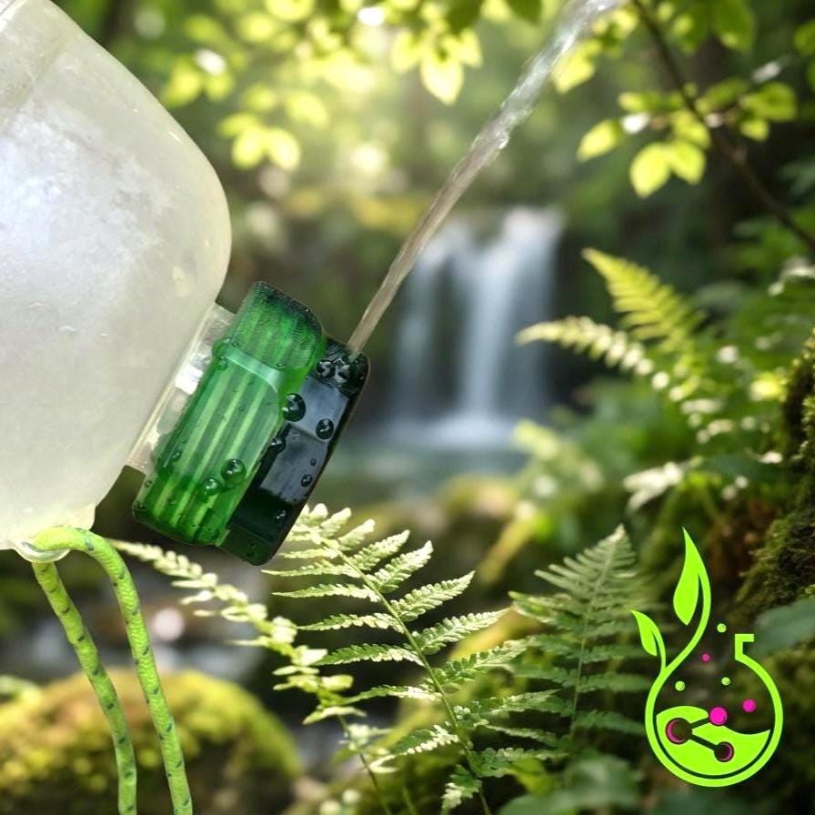 Green and black 3D-printed water-control nozzle attached to a repurposed plastic bottle, dispensing a clean stream of water. Includes eco-tech branding overlay. Prototype designed for outdoor hydration, garden use, and sustainable hardware product development.