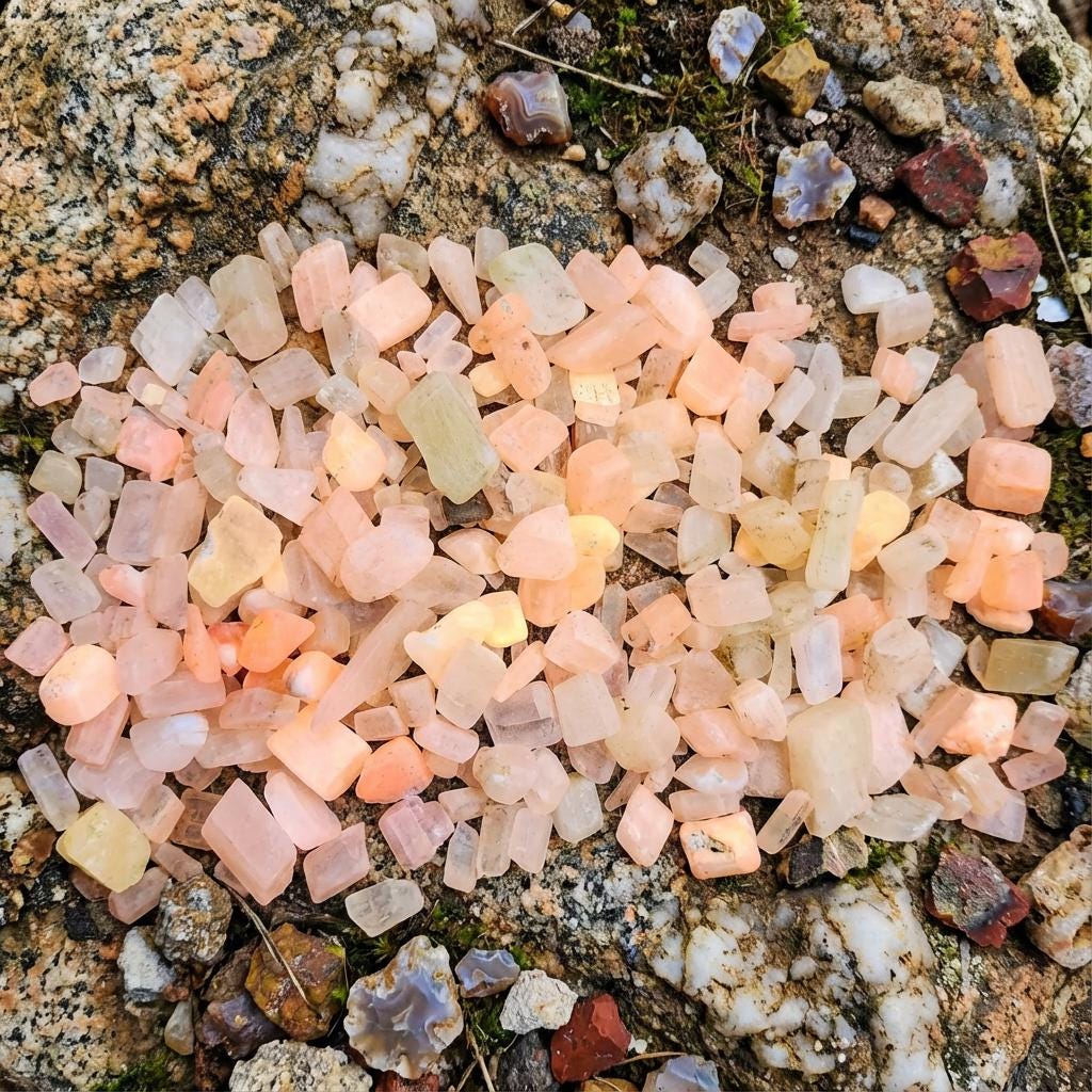 A cluster of UV-reactive calcite chips arranged on a polished agate slab. Warm orange and yellow calcite tones contrast with the banded agate surface. Lighting emphasizes translucency and fluorescence potential. Ideal for lapidary rough, resin inlay, carving practice, and mineral display. Scene showcases the material’s color saturation and internal structure.