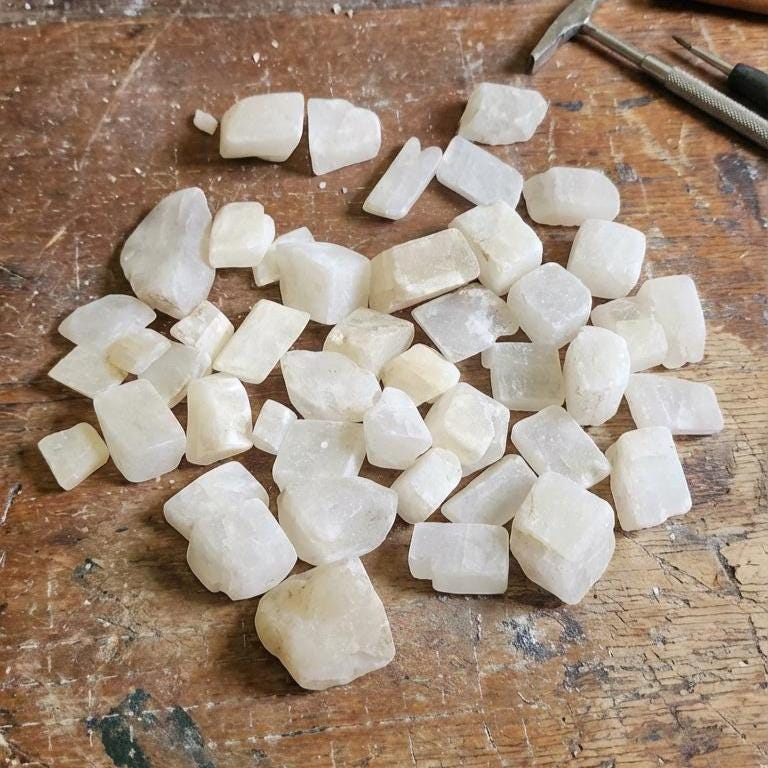 A large pile of lightly tumbled calcite pieces displayed outdoors on weathered granite and quartz-bearing matrix. The stones range from soft pink to pale yellow with semi-translucent structure. Natural daylight highlights internal cleavage planes and surface texture, making the material suitable for cabbing, carving, inlay work, and geology instruction.