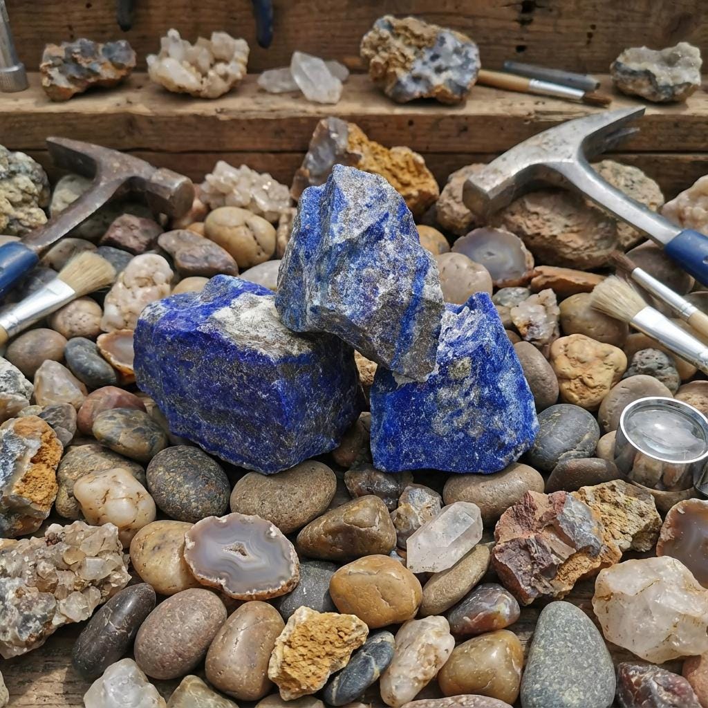 “Three large rough lapis lazuli chunks with vivid blue coloration and natural matrix, arranged on river stones and surrounded by agates, quartz, and rockhounding tools. Scene resembles a field-collection layout, highlighting the material’s suitability for cabbing, carving, pigment making, or geological study.”