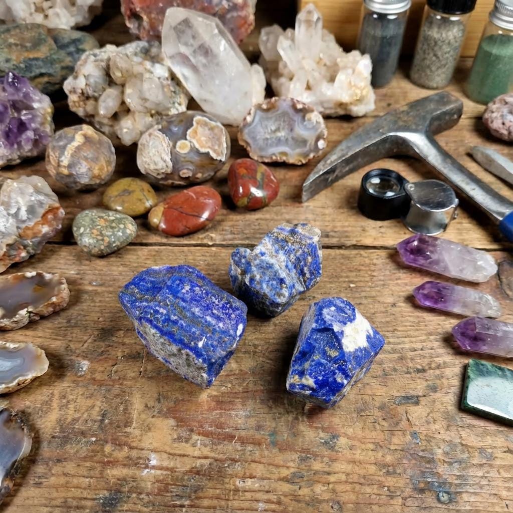 “Three pieces of high-quality rough lapis lazuli placed on a wooden bench among quartz clusters, polished jasper, amethyst points, and rockhounding tools. The stones feature intense blue coloration with natural white and gold matrix, suitable for cabbing, carving, inlay, or ultramarine pigment production.”