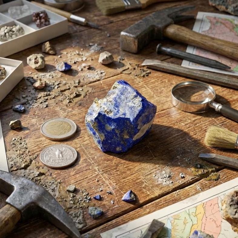 “A single raw lapis lazuli piece with ultramarine blue and pyrite inclusions resting on a dusty workbench with rock hammers, magnifier, chisels, coins for scale, and mineral samples. The lighting emphasizes the stone’s saturated color and crystalline texture, suitable for lapidary cutting, carving, or traditional ultramarine pigment extraction.”