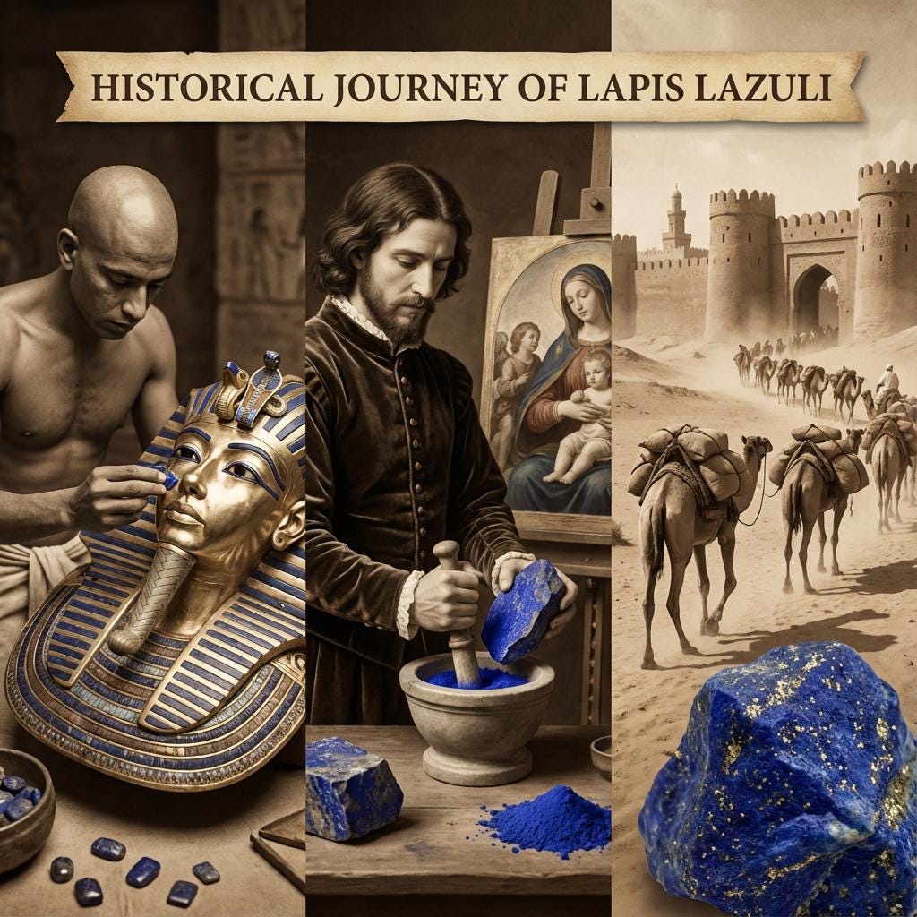 “A historical collage illustrating the cultural journey of lapis lazuli: an ancient artisan applying blue pigment, a Renaissance artist grinding lapis into ultramarine, and a caravan scene representing trade routes. A raw lapis specimen anchors the foreground, connecting craftsmanship and lapidary history.”
