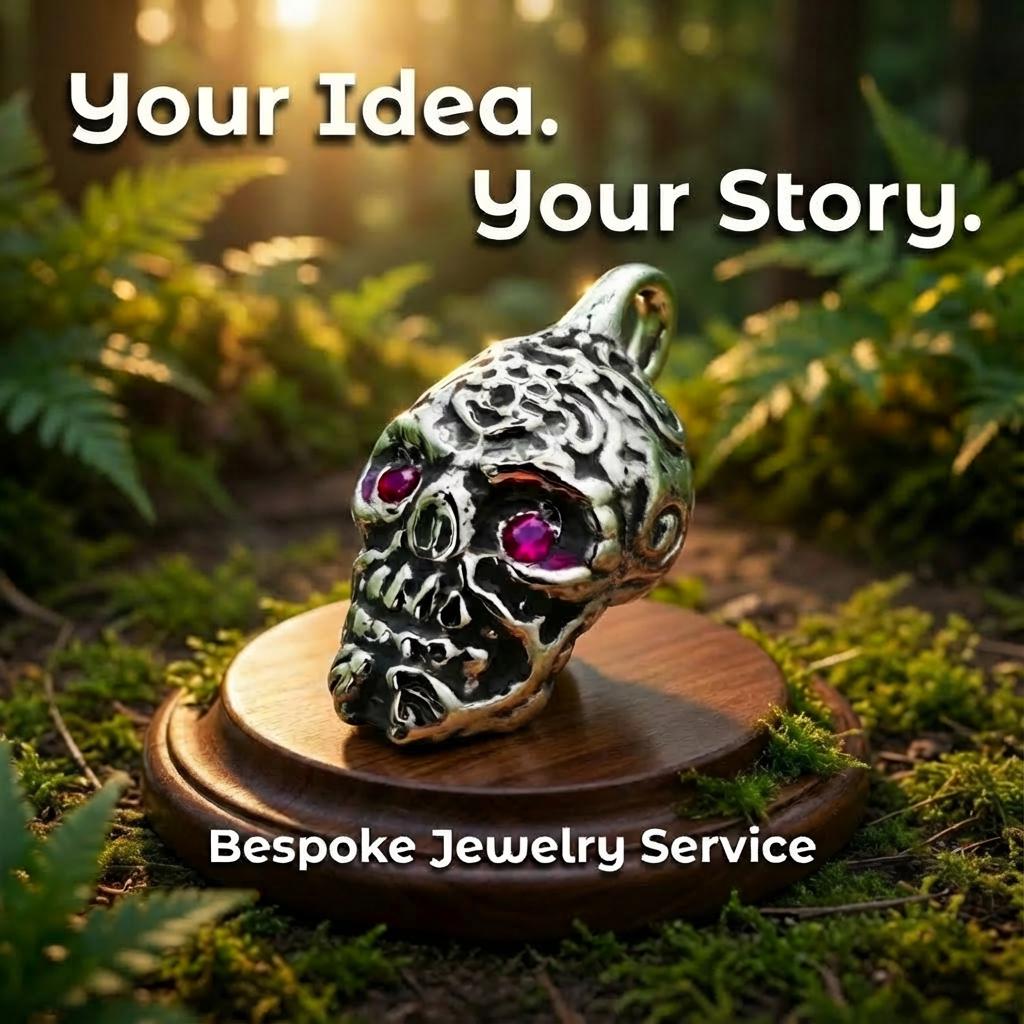 Handcrafted skull pendant with detailed scrollwork and inset pink gemstones, displayed on a wooden surface with a forest backdrop. Represents custom jewelry design services where personal stories become wearable pieces. Bespoke pendants, rings, and heirloom jewelry made through precision CAD and hand finishing.