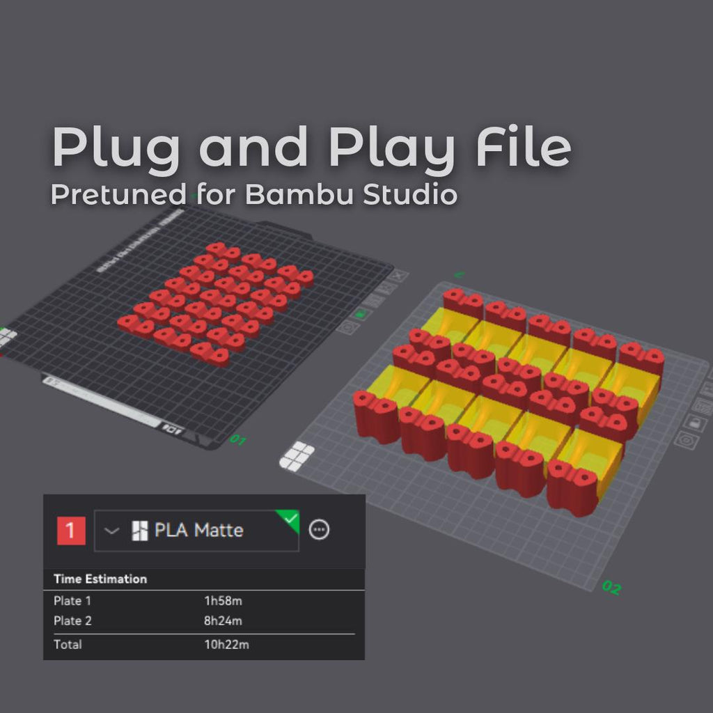 Screenshot of Bambu Studio slicer layouts for the Gem-Xfer digital file, showing optimized print plates for knobs and main jig bodies. Estimated print time, orientation, and color mapping are visible. Image communicates that the STL file is fully tuned for Bambu Lab printers and ready for plug-and-play 3D printing.