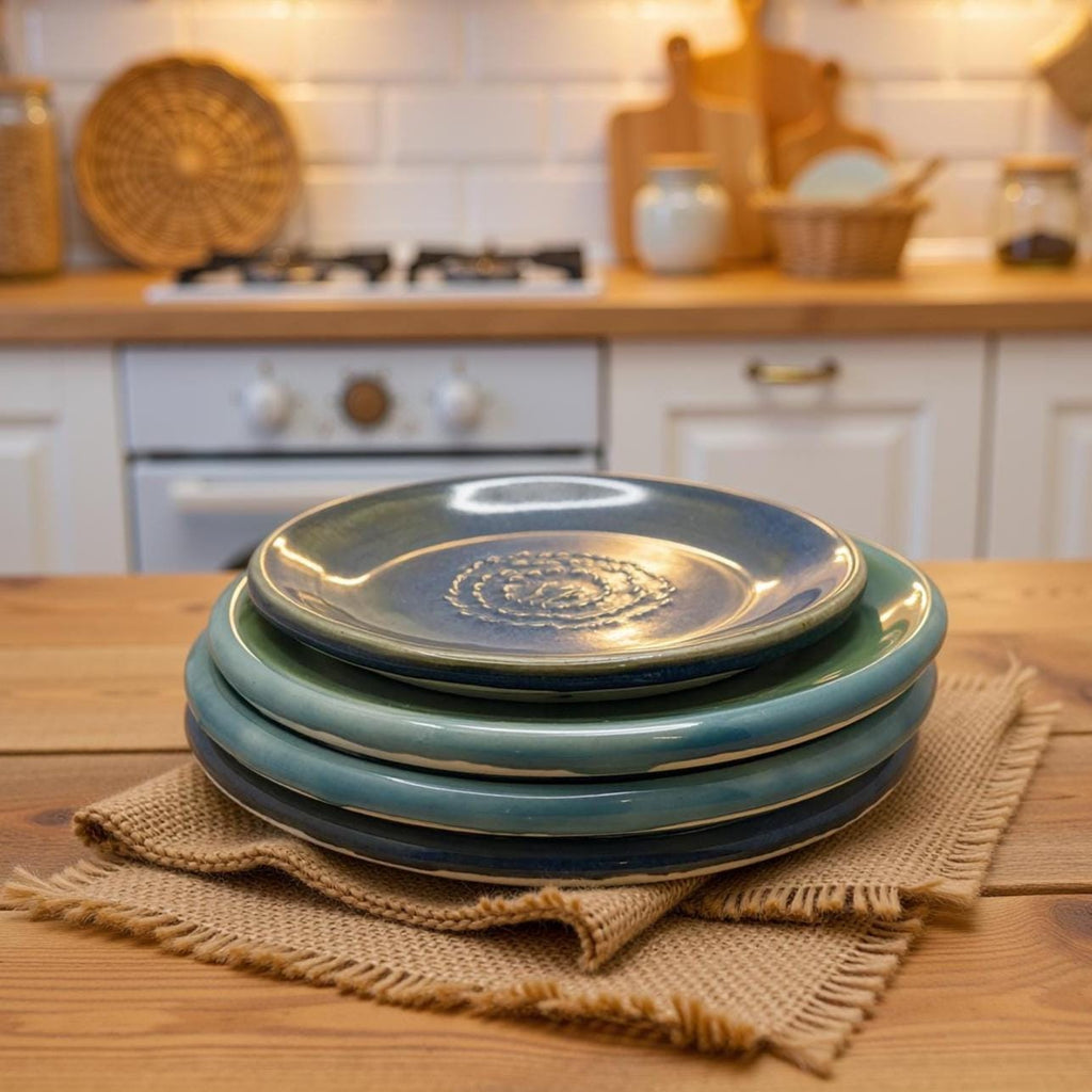 A stack of ceramic plates in blue and green glazes sits on burlap atop a wooden kitchen counter. The top plate shows a raised spiral design. The warm kitchen setting, soft lighting, and natural textures highlight the handcrafted, functional style of the pottery.