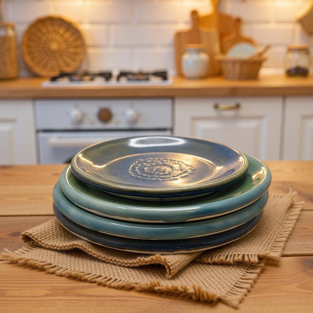 A stack of ceramic plates in blue and green glazes sits on burlap atop a wooden kitchen counter. The top plate shows a raised spiral design. The warm kitchen setting, soft lighting, and natural textures highlight the handcrafted, functional style of the pottery.