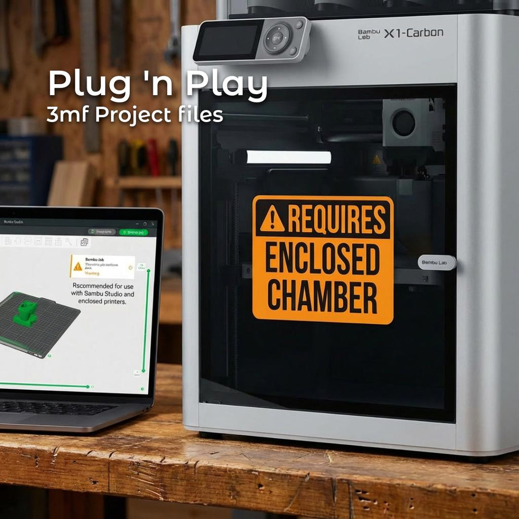 Bambu Lab X1-Carbon printer beside a laptop running Bambu Studio. Screen shows a dop stick model loaded for printing. Large caution sign reads “Requires Enclosed Chamber,” indicating these files are optimized for engineering-grade materials like polycarbonate. Demonstrates plug-and-play 3mf project files for enclosed printers.