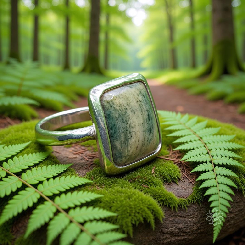 Green Jasper Ring - Handcut Cabochon in Sterling Silver - Pacific Northwest Jewelry