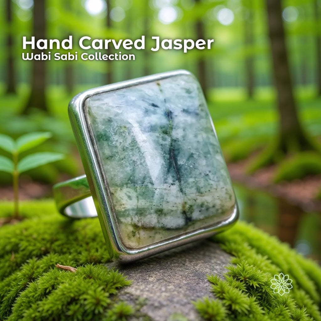 A handcrafted sterling silver ring with a large rectangular grey jasper cabochon, resting on bright green moss in a soft Pacific Northwest forest. The stone shows cloudy layers of grey, white, and muted green with natural inclusions. The silver bezel and band have a handmade finish, emphasizing an earthy, nature-inspired aesthetic.