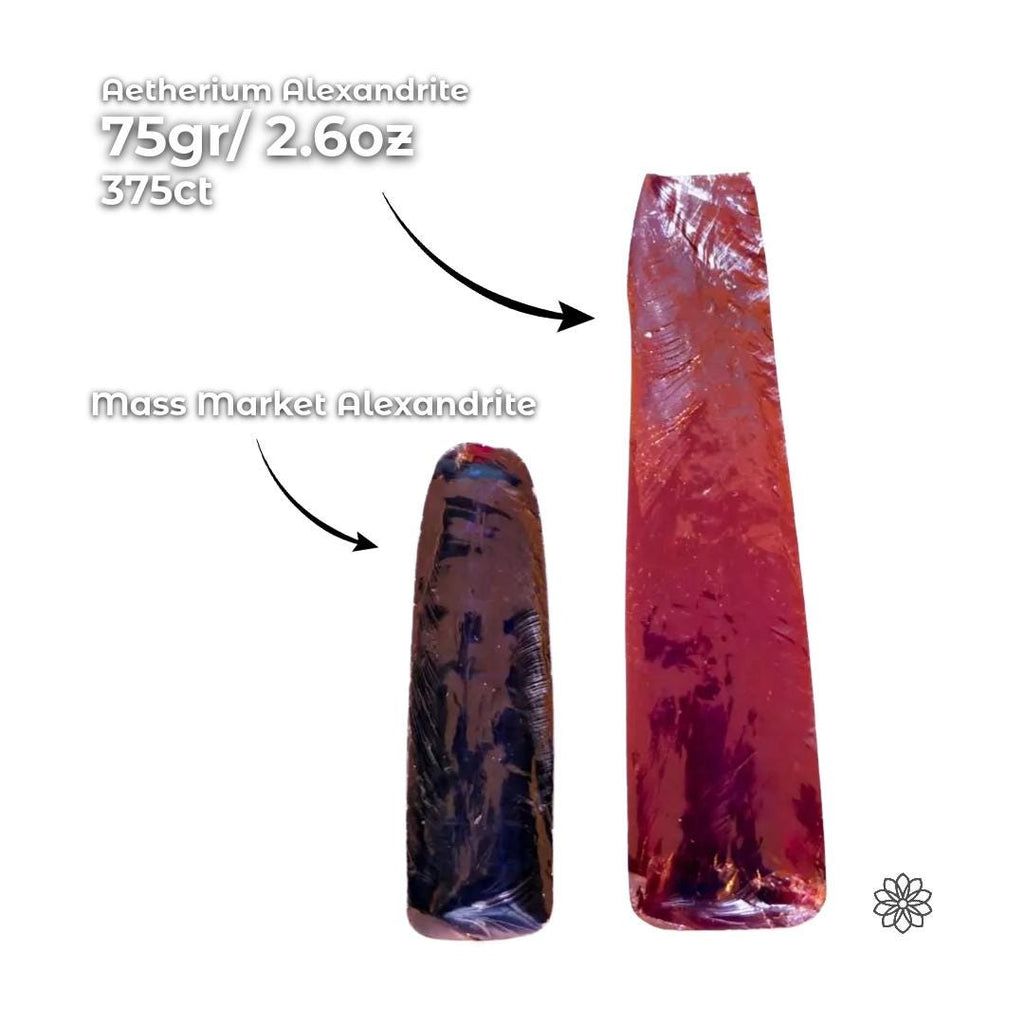 Comparison of Aetherium Alexandrite vs mass-market synthetic boules showing superior clarity, richer tone, and cleaner crystalline density. Premium color-change rough for gem faceting and precision lapidary work, photographed under mixed lighting.