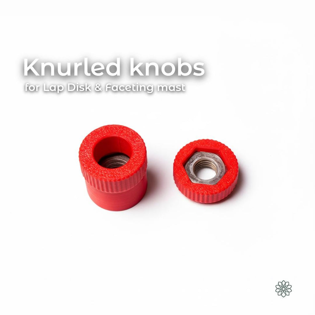 “Two red knurled quick-change knobs designed for Vevor faceting machines, shown against a white background. Each knob includes a press-fit steel hex nut for securing the lap arbor or mast slide without wrenches. The taller knob is for the lap disk spindle and the shorter version fits the mast clamp, providing faster adjustments during faceting operations.”