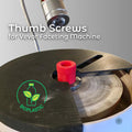 “Close-up of a Vevor faceting machine with a red knurled quick-change thumb screw installed on the lap spindle. The carbon-fiber splash pan is partially opened, showing the polishing lap beneath. The upgraded thumb screw replaces the factory steel nut, allowing tool-free lap changes and faster workflow during gem faceting, mast alignment, and lap swaps. Made from ecofriendly materials”
