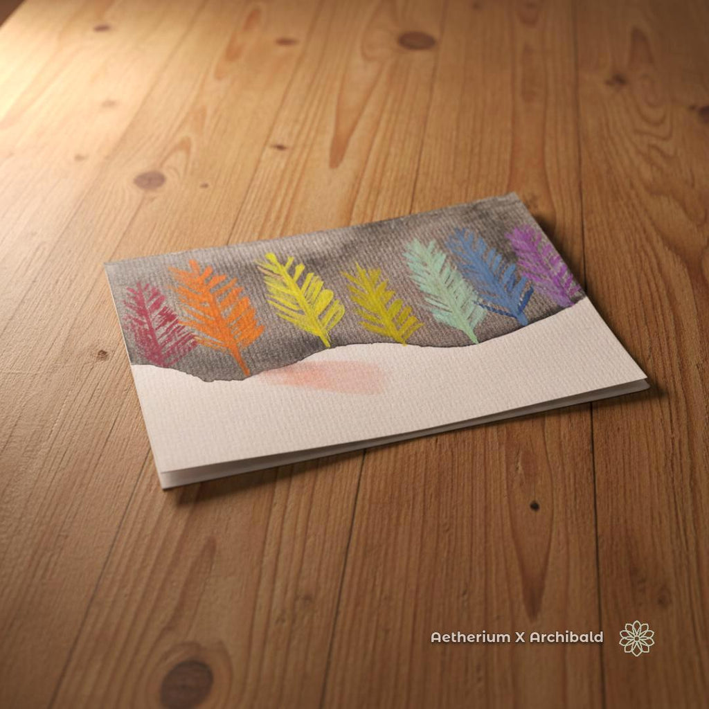 “Handmade watercolor card featuring a row of brightly painted winter leaves in red, orange, yellow, green, teal, and violet on a gray wash sky. The card sits on a warm wood surface, showing the textured paper. Part of the small-batch Aetherium x Archibald Pacific Northwest Artist Series card set.”