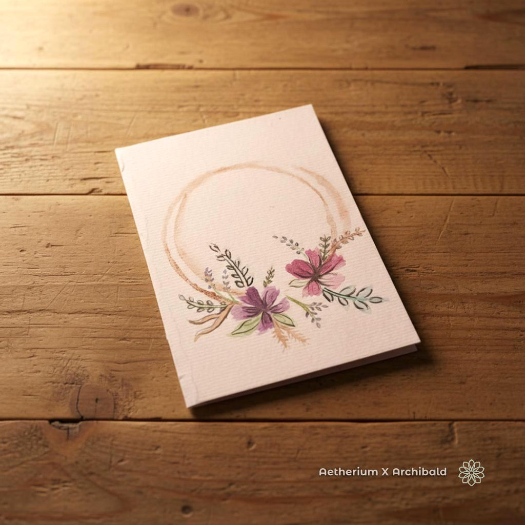 “Floral watercolor card painted with a circular coffee-ring motif and botanical cluster in soft pinks, greens, and earthy tones. The card rests on a rustic wooden table, highlighting the watercolor texture. Created for the Aetherium x Archibald PNW Artist Series as part of a handmade card set.”