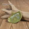 A small handmade ceramic dish shaped like a ginkgo leaf, glazed in layered moss green and soft teal tones with visible vein detailing. Set against driftwood on a warm wooden surface, the piece showcases its organic form and glossy artisan finish. Ideal as a trinket dish, ring holder, altar piece, or small spoon rest. Part of the Aetherium × Archibald small artisan dish collection.
