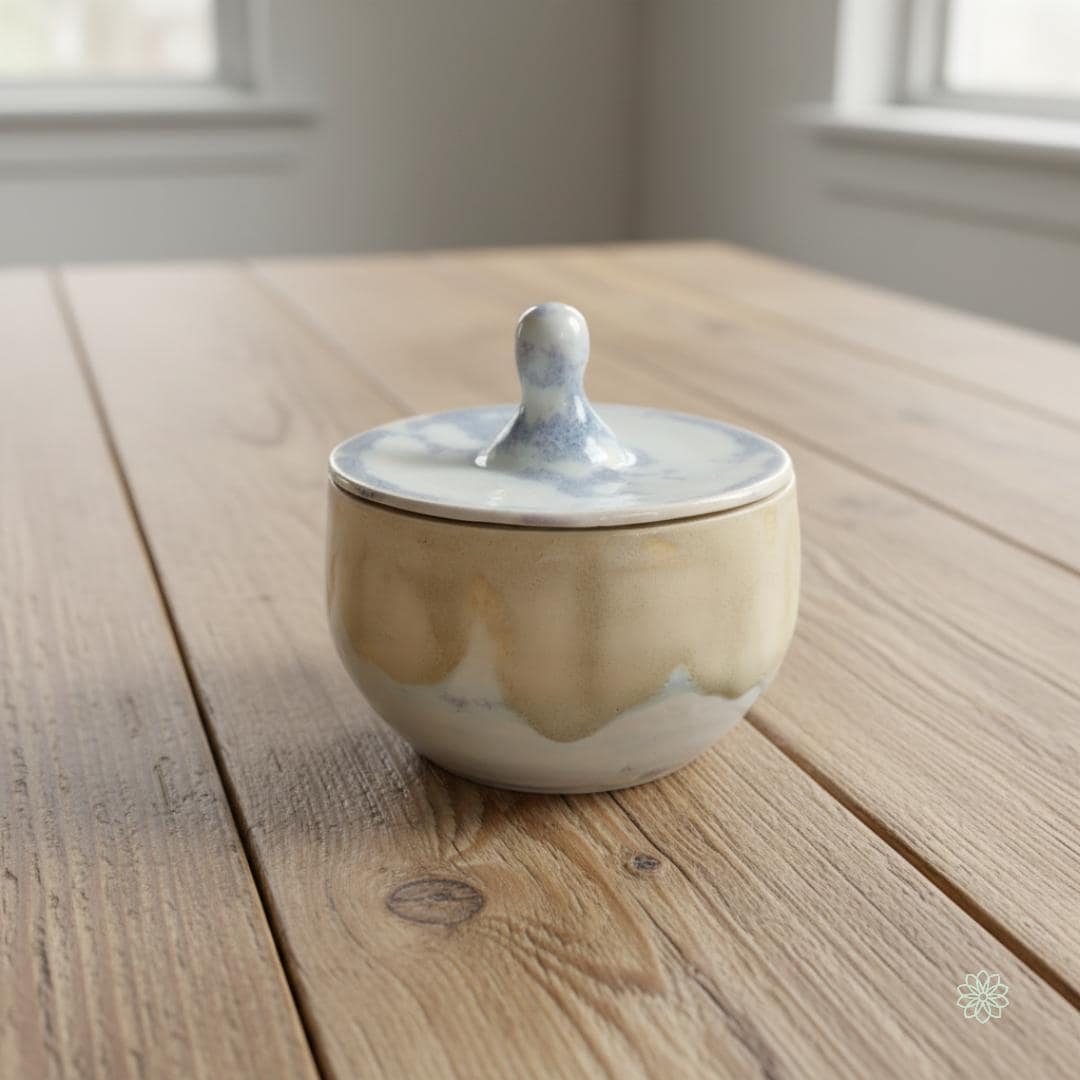 A small white-and-blue marbled ceramic altar jar shown open on lightly weathered wood. The lid, placed onthe jar, has a rounded handle and cloud-like blue marbling. The interior reveals matching cool-toned glaze swirls. This is the “White Marbled” jar variation, approx. 8.5 cm / 3.25 inches diameter.
