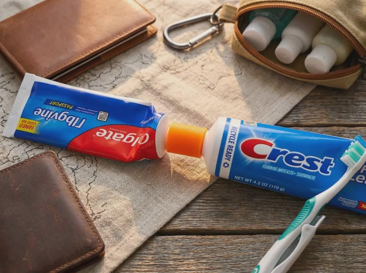 Two full-size toothpaste tubes connected nozzle-to-nozzle with a high-visibility travel transfer adapter, showing how paste moves from one tube into a smaller travel container. The scene includes a leather wallet and toiletry kit, emphasizing portability and use in travel environments.