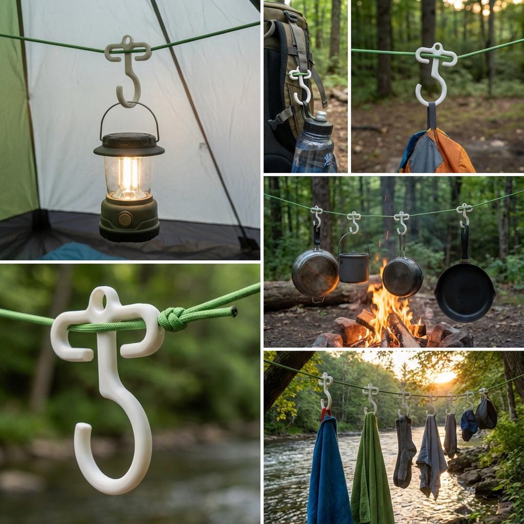 Collage showing full-size paracord hooks used to hang a lantern inside a tent, attach gear to a backpack, hang clothing, and suspend cookware over a campfire. Demonstrates versatility for camping, backpacking, and bushcraft organization on a ridgeline or paracord.