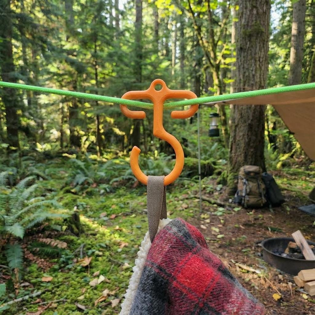 Bright orange bioplastic paracord hook attached to a green ridgeline in a dense forest. The hook holds fabric gear, demonstrating quick-access hanging, high-visibility color, and rugged outdoor use for backpacking and camping.