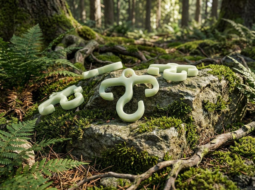 Glow-in-the-dark mini paracord hooks made from bioplastic displayed on a moss-covered rock in a dense forest. Multiple hooks in different orientations highlight their compact ultralight design for backpacking, camping gear organization, and nighttime visibility along a ridgeline or campsite.