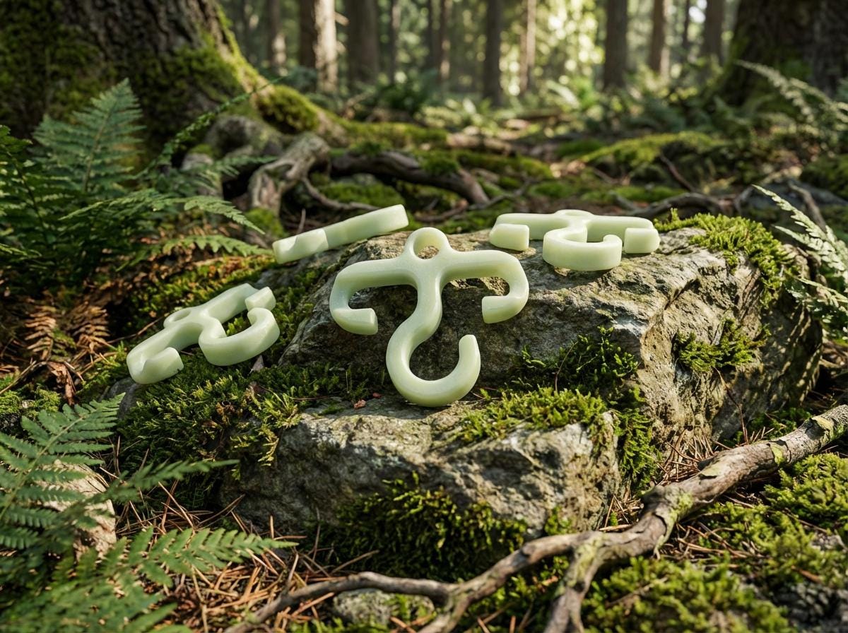 Glow-in-the-dark mini paracord hooks made from bioplastic displayed on a moss-covered rock in a dense forest. Multiple hooks in different orientations highlight their compact ultralight design for backpacking, camping gear organization, and nighttime visibility along a ridgeline or campsite.