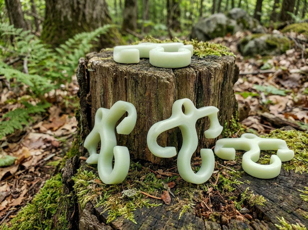 Set of small glow-in-the-dark bioplastic backpacking hooks displayed on a moss-covered tree stump in the woods. Multiple sizes show the compact, ultralight design used for organizing gear on paracord lines during hiking or camping trips.