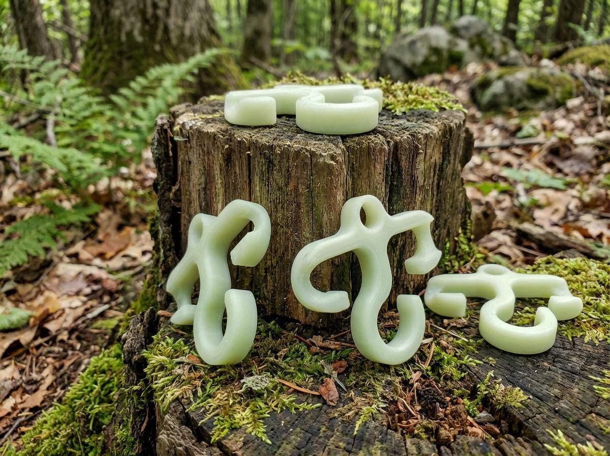 Set of small glow-in-the-dark bioplastic backpacking hooks displayed on a moss-covered tree stump in the woods. Multiple sizes show the compact, ultralight design used for organizing gear on paracord lines during hiking or camping trips.