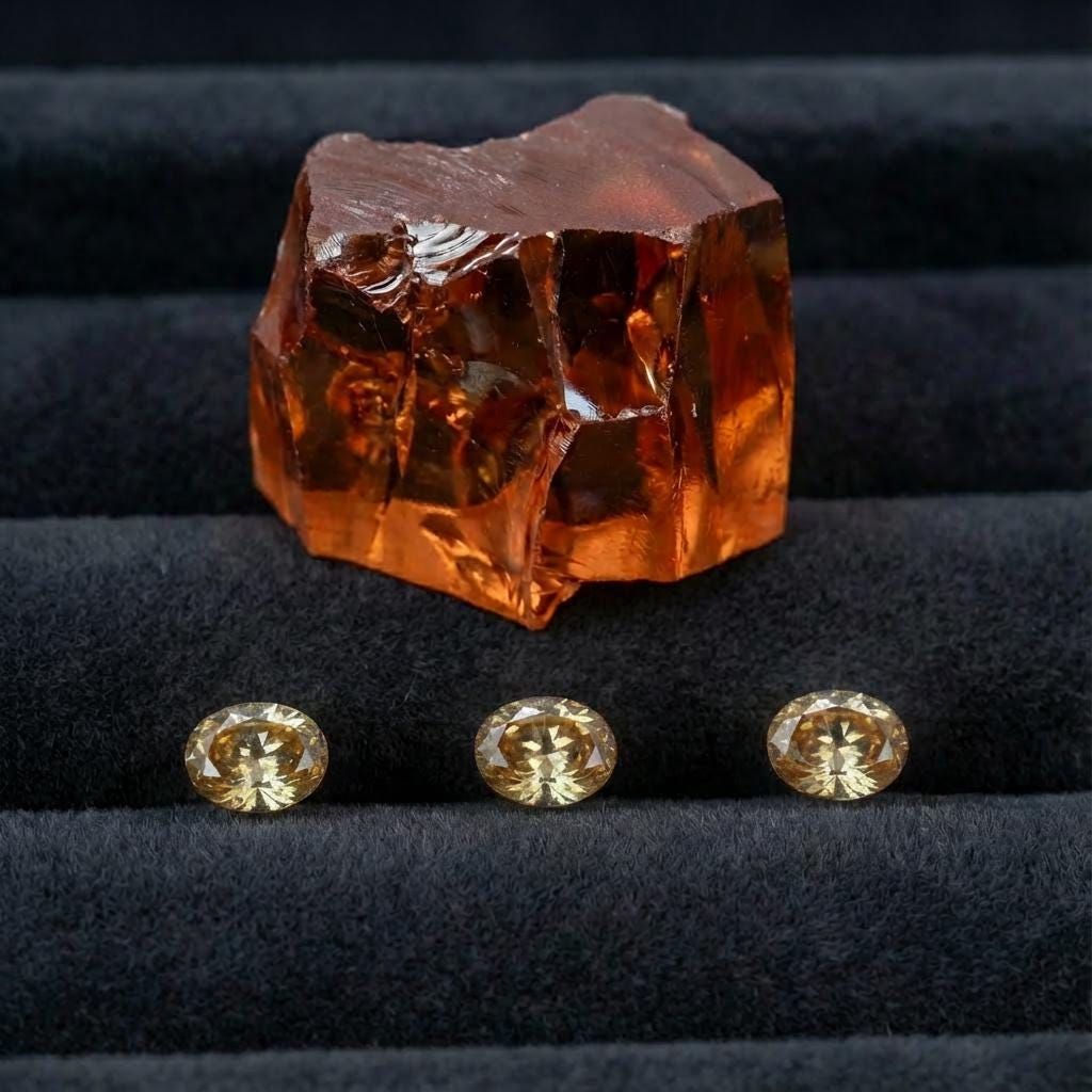 “A rough block of champagne-colored CZ crystal placed above three finished oval-cut gemstones. The contrast highlights the transformation from raw material to precision-cut 9×7 mm stones. Ideal for jewelers, designers, and clients commissioning custom jewelry.”