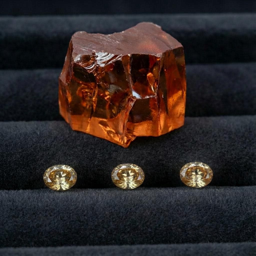 “A rough block of champagne-colored CZ crystal placed above three finished oval-cut gemstones. The contrast highlights the transformation from raw material to precision-cut 9×7 mm stones. Ideal for jewelers, designers, and clients commissioning custom jewelry.”