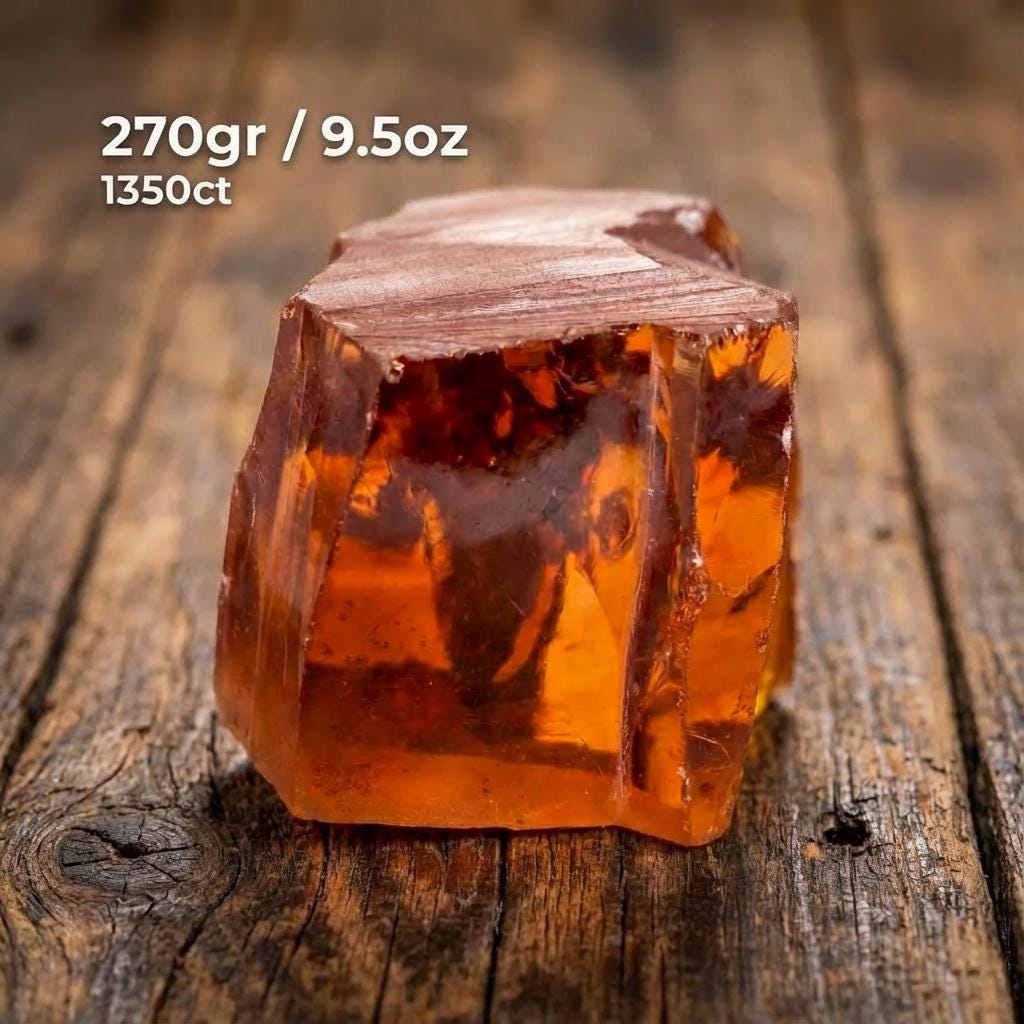 “Champagne CZ rough weighing 270 grams on rustic wood background, labeled 9.5 ounces and 1350 carats. Transparent amber body with angular breaks ideal for cutting multiple faceted stones.”