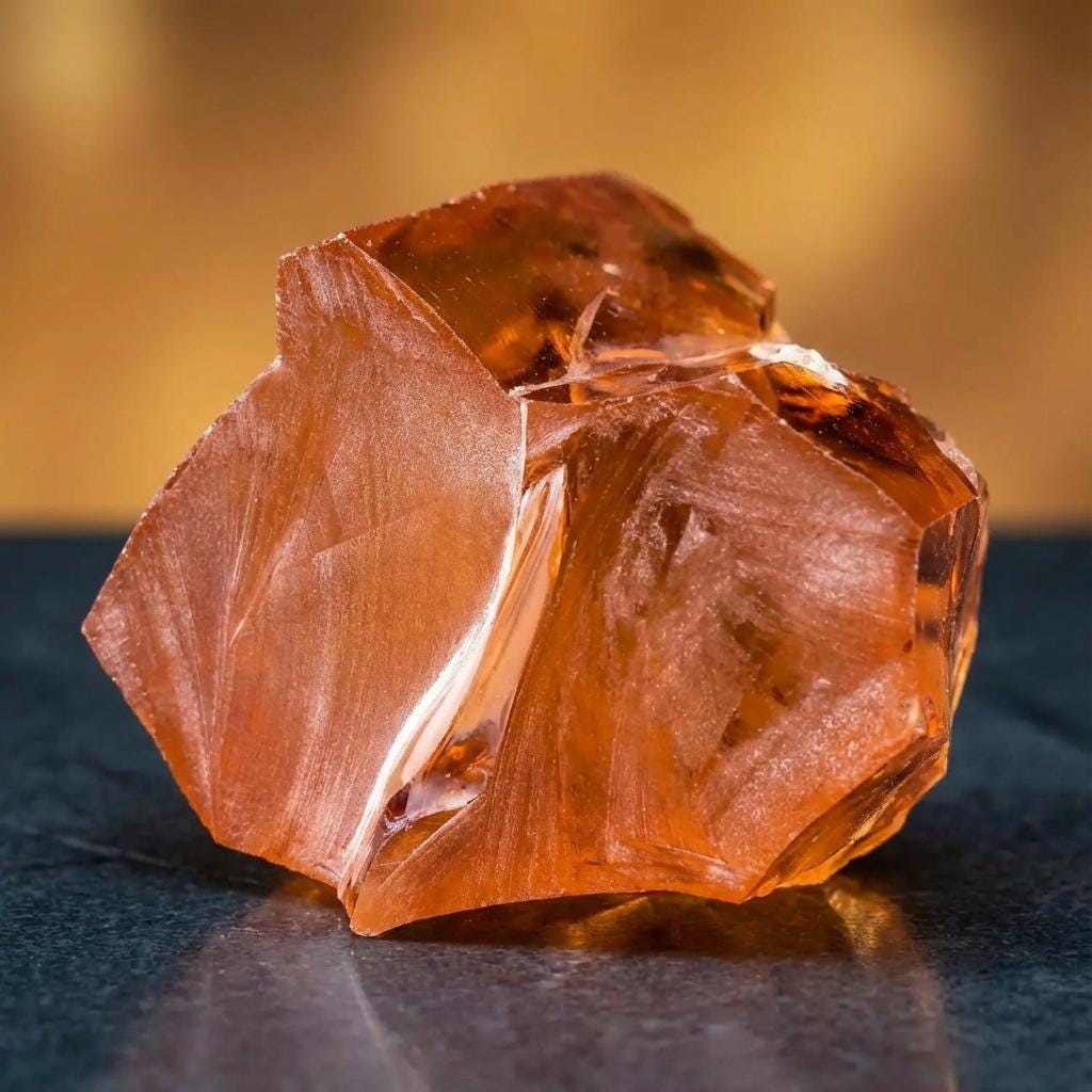 “Close-up of champagne cubic zirconia rough with bright internal reflections and clean fracture planes. Amber color saturation ideal for faceting ovals or custom cuts in jewelry design.”