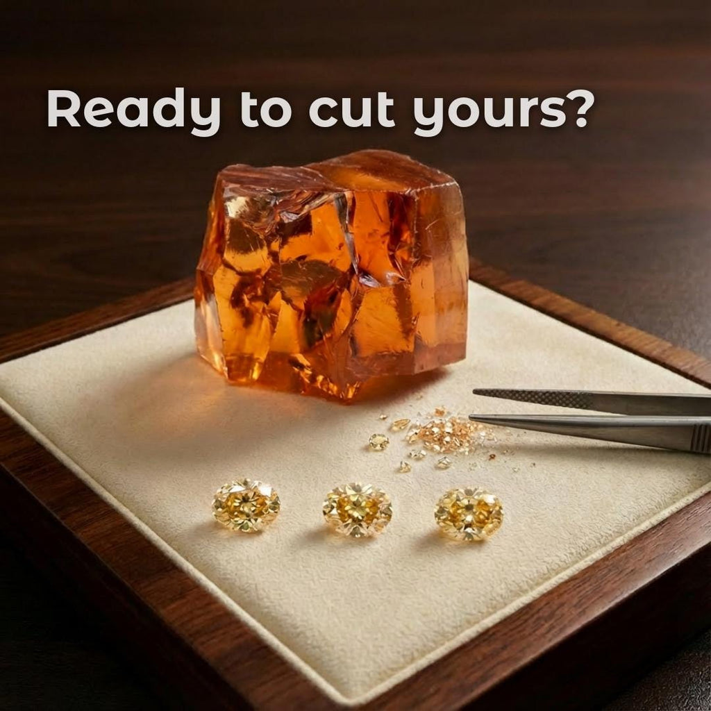 “Champagne CZ rough block on a faceting tray with finished oval gemstones and cutting dust beside it. Demonstrates transformation from rough material to polished stones for jewelry making.”