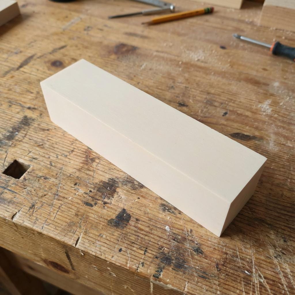 “A rectangular epoxy tooling block sitting on a woodworking bench. The block has a smooth, uniform surface and sharp machine-cut edges, showing its use as a rigid fixture material for CNC machining, prototyping, and precision modeling. Tools and wood shavings surround the block in a workshop setting.”