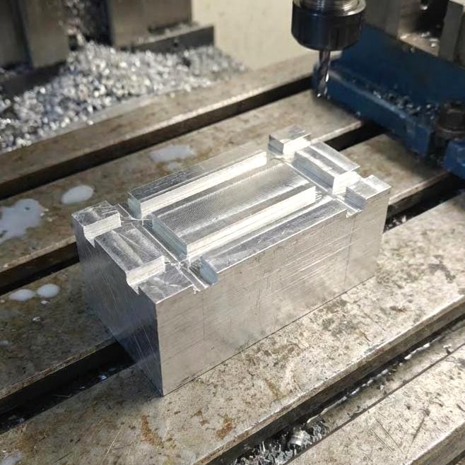 Example of a CNC-milled part created from 6061-T6 aluminum bar stock. The complex pocketing and clean edges demonstrate what the 35×35×100 mm billet can be used for, including drone chassis components, custom brackets, robotics housings, and precision mechanical prototypes.