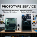 High-precision prototype service workspace showing a Carvera CNC machine and a Bambu X1C 3D printer on a tool bench, surrounded by organized tools. Highlights precision CNC machining, advanced 3D printing, rapid prototyping, and custom parts fabrication for engineering projects.