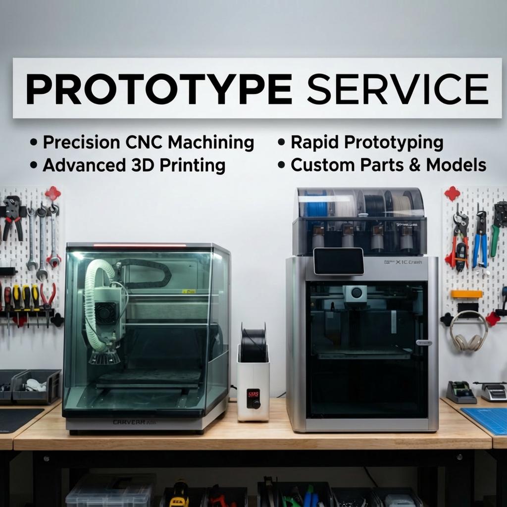 High-precision prototype service workspace showing a Carvera CNC machine and a Bambu X1C 3D printer on a tool bench, surrounded by organized tools. Highlights precision CNC machining, advanced 3D printing, rapid prototyping, and custom parts fabrication for engineering projects.