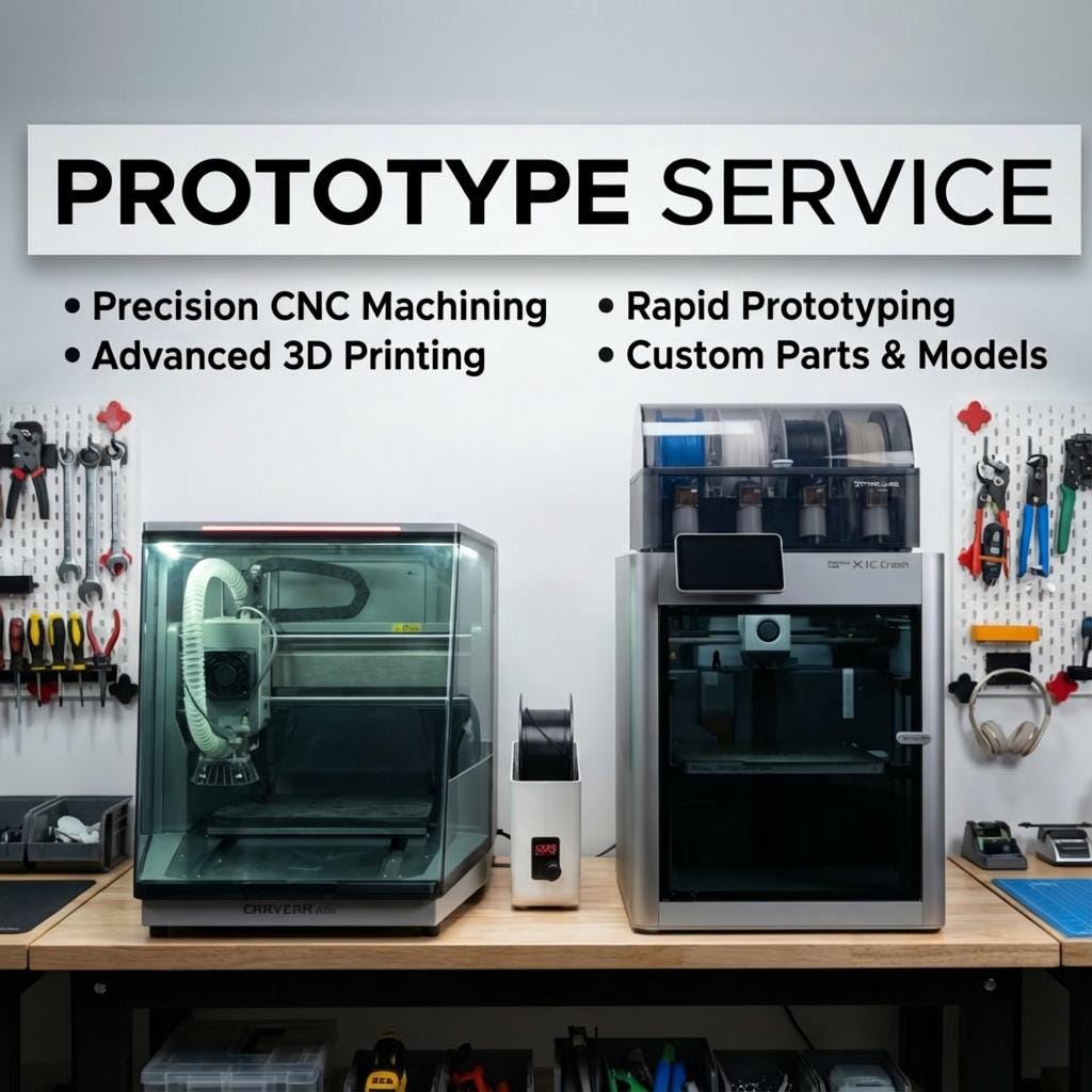 High-precision prototype service workspace showing a Carvera CNC machine and a Bambu X1C 3D printer on a tool bench