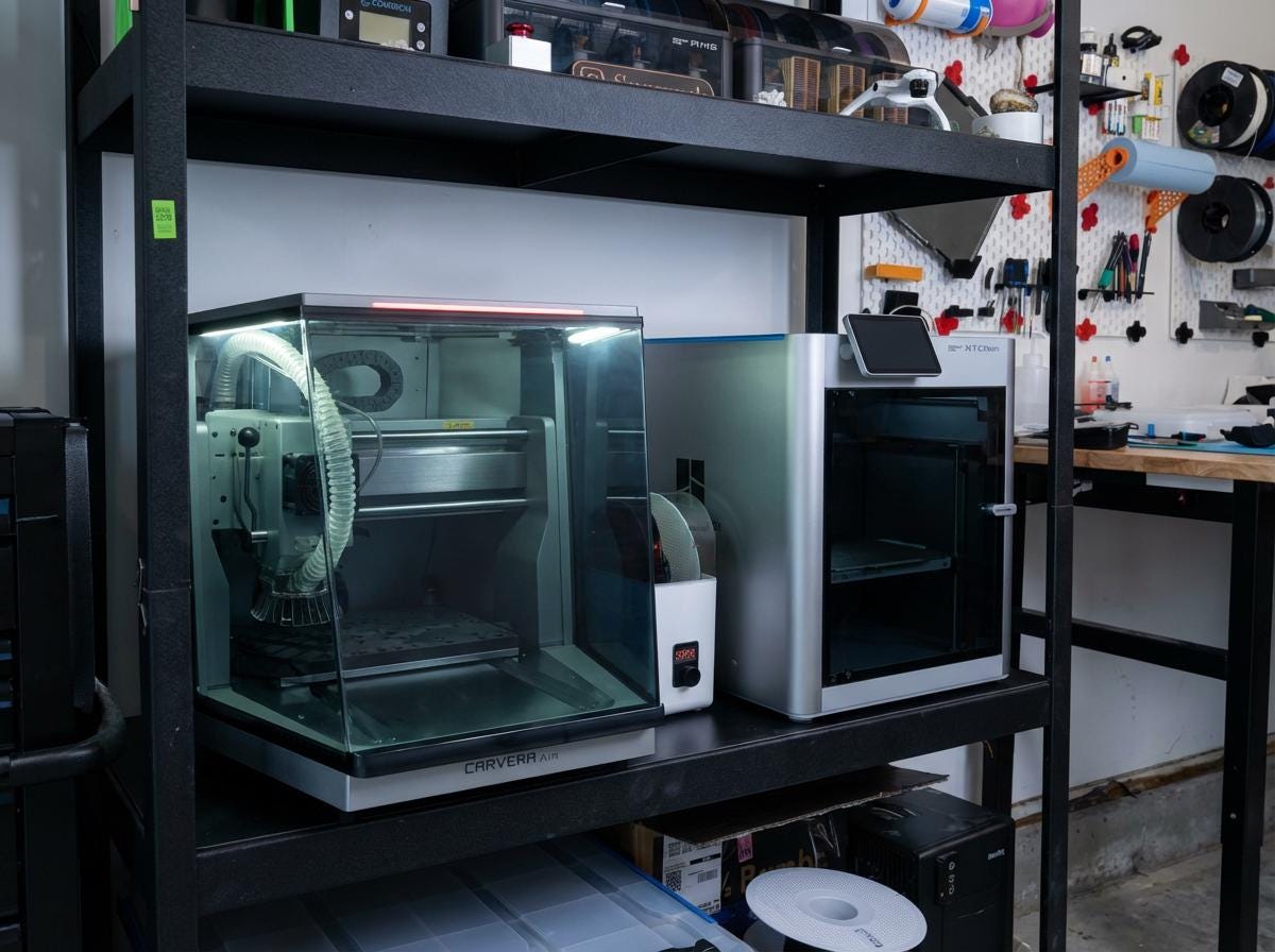 “Workshop shelf holding a Carvera Air CNC machine and a Bambu X1C 3D printer, both enclosed and powered on, surrounded by organized tools and materials. Showcasing professional equipment used for custom prototyping, machining, and advanced 3D printing services.”