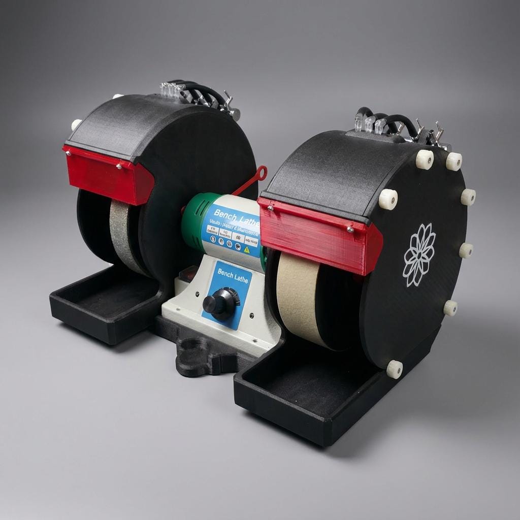 “Dual-wheel bench wet lathe system with black 3D printed housings, red guards, and integrated water trays. Built to demonstrate custom machine enclosures, attachment design, and engineered components created through the prototype process.”