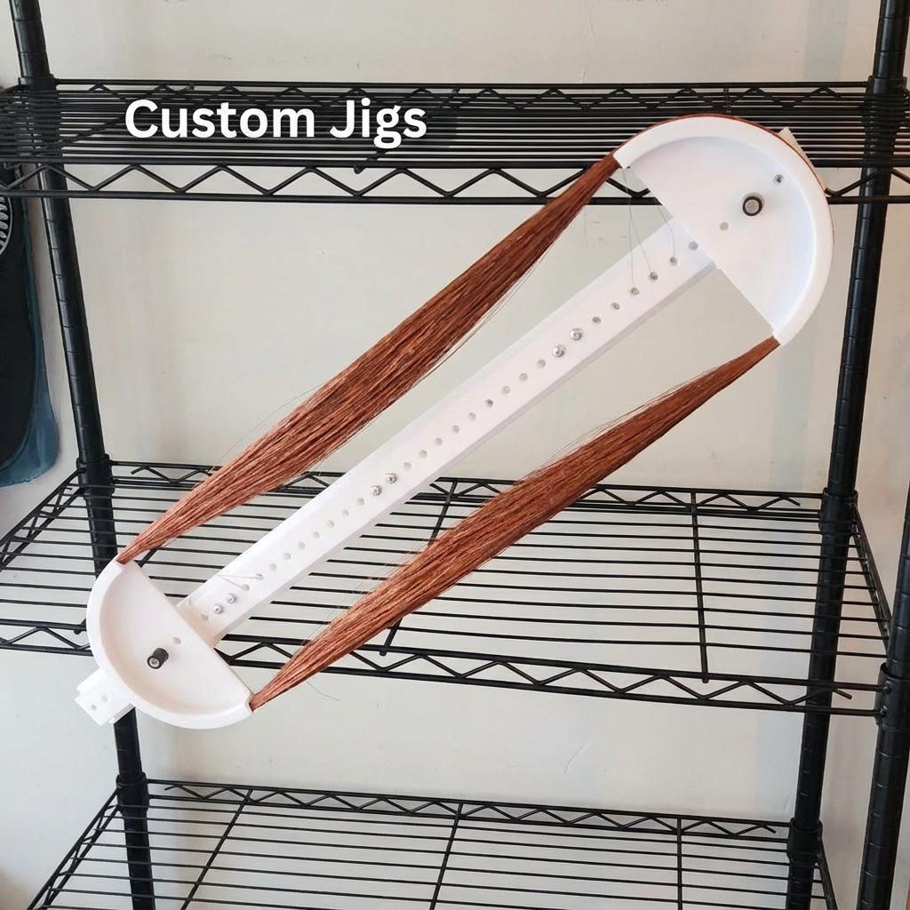 Custom 3D-printed jig designed for controlled fiber winding, mounted on a wire shelf. Long copper strands are tensioned across a curved fixture with indexed holes and bearings for consistent spacing. Used for coil winding, electromagnet prototyping, and small-batch fixture development.