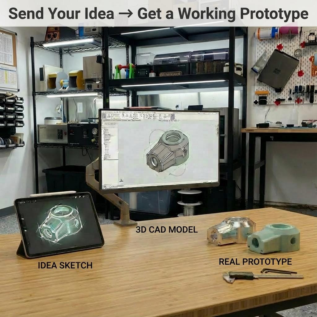 Workshop table showing the full prototype workflow: an idea sketch on a tablet, a 3D CAD model displayed on a large monitor, and two finished prototypes on the table beside calipers. Background includes CNC machines, 3D printers, and tools. Highlights the service of turning client ideas into real, functional prototypes using CAD, machining, and fabrication.
