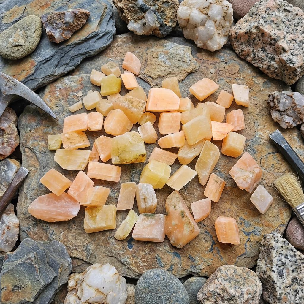 A workbench covered in lapidary and field tools with a pile of lightly tumbled UV-reactive calcite chips at center. Surrounding items include agate slabs, quartz clusters, cabochons, a hammer, loupe, notebook, and collecting pouch. The calcite pieces show peach, yellow, and cream tones, demonstrating studio-ready rough for carving, cabbing practice, and geology education.