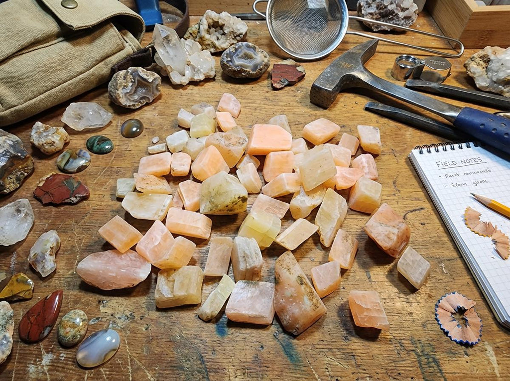 “A workbench scene featuring a large pile of lightly tumbled fluorescent calcite chips in peach, yellow, and cream tones. Surrounding the stones are agate slabs, quartz crystals, cabochons, a rock hammer, chisels, a loupe, and a field-notes notebook. The setup evokes a lapidary or geology workspace, showing the calcite prepared for cabbing practice, carving tests, inlay work, or UV fluorescence study.”